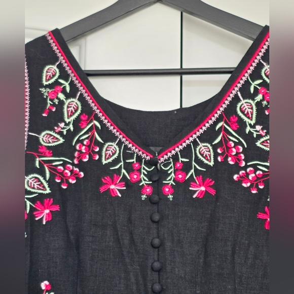 Black Linen Floral Embroidery Maxi Dress Size 12 - Picture 7 of 11